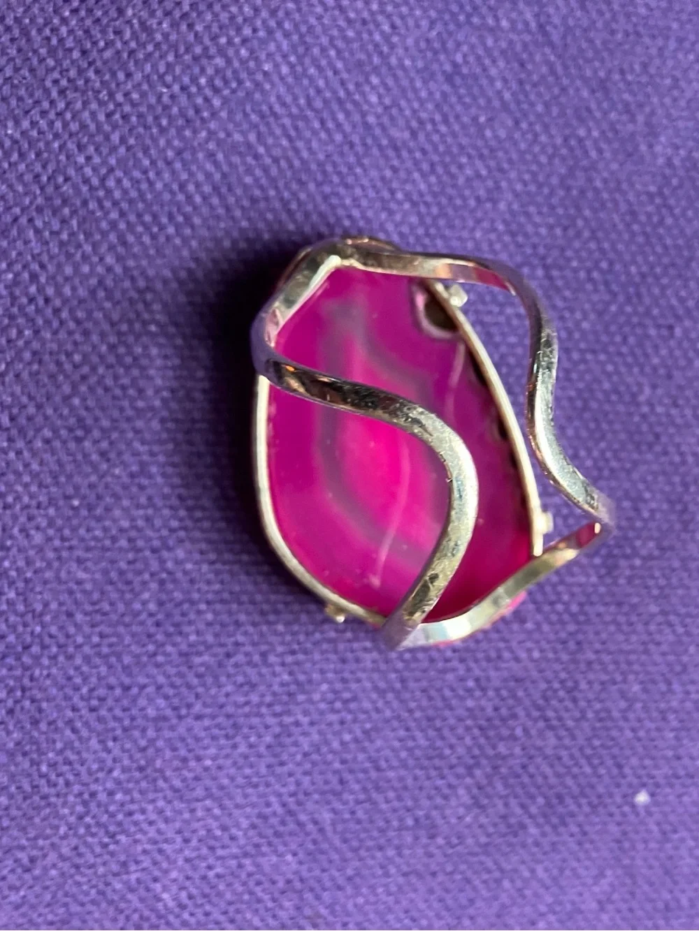 Vibrant Pink Agate Ring with Silver Tone Band